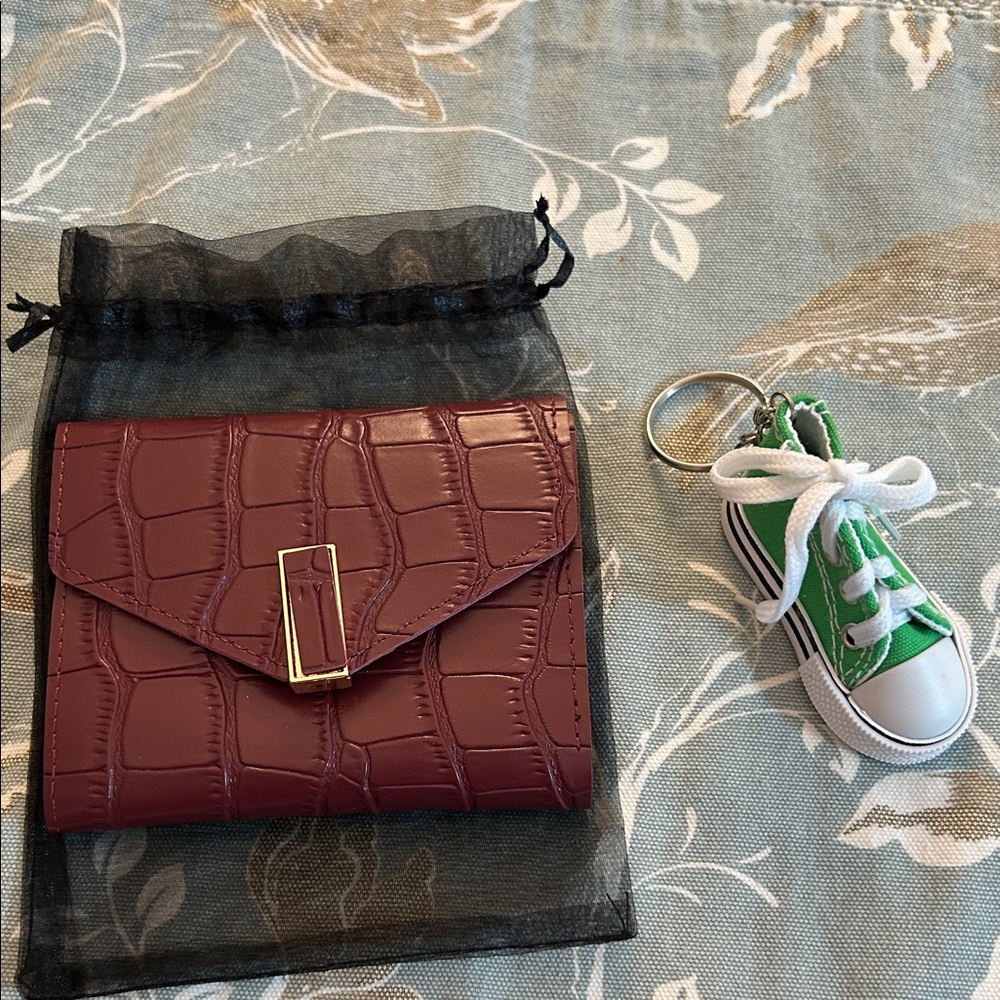Burgundy Croc-Embossed Wallet & Sneaker Keychain